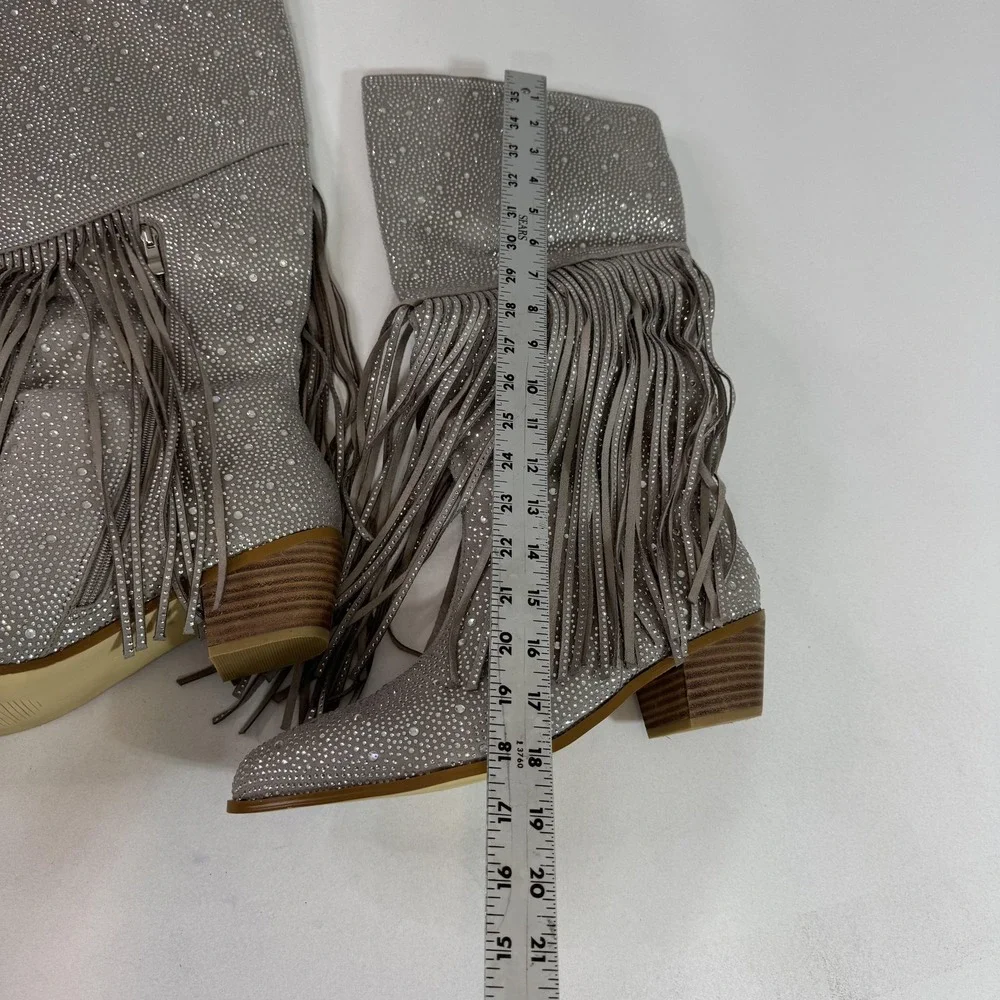 FHSGEG Boots Womens Size 12 Silver Rhinestone Fringe Western Cowboy Knee High